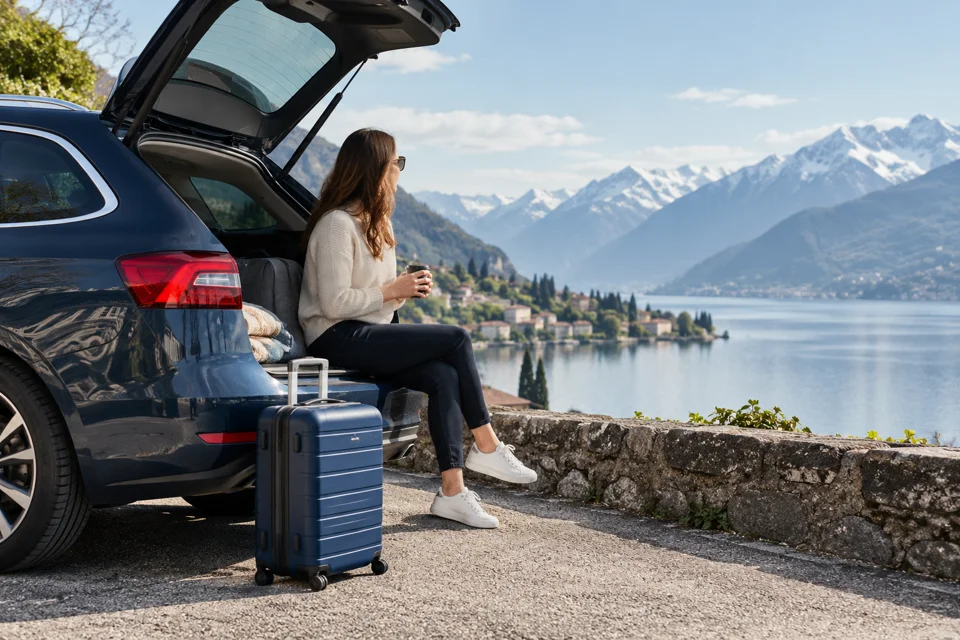 Car and travel luggage beside a Swiss lake