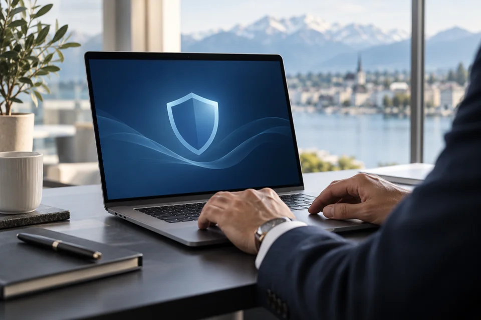 Laptop displaying a security symbol