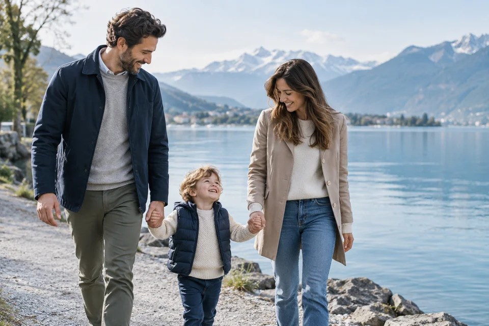Family spending time together by the lake